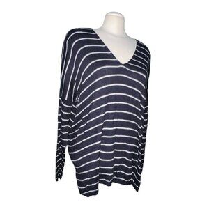 Ann Taylor Black & White Striped V-Neck Soft Oversized Wool Blend Sweater Size M